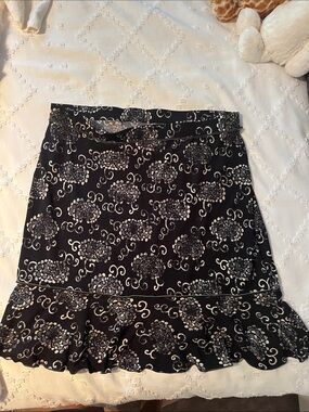 Max Studio Black Midi Skirt with White Floral Scrolls and Ruffle Hem